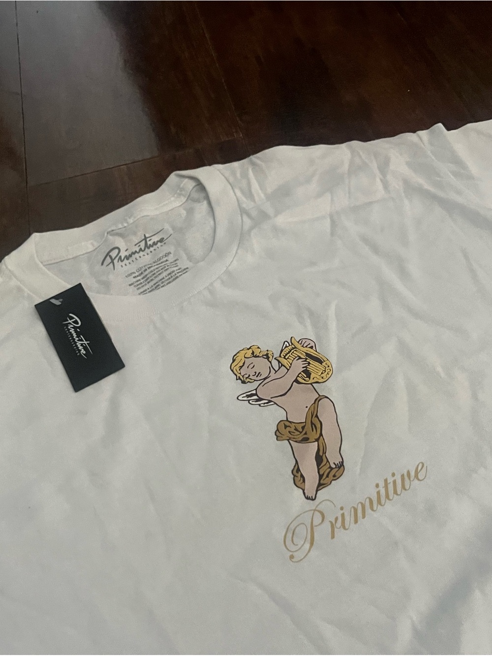 Primitive White Tee with Gold and Tan Cherub Graphic